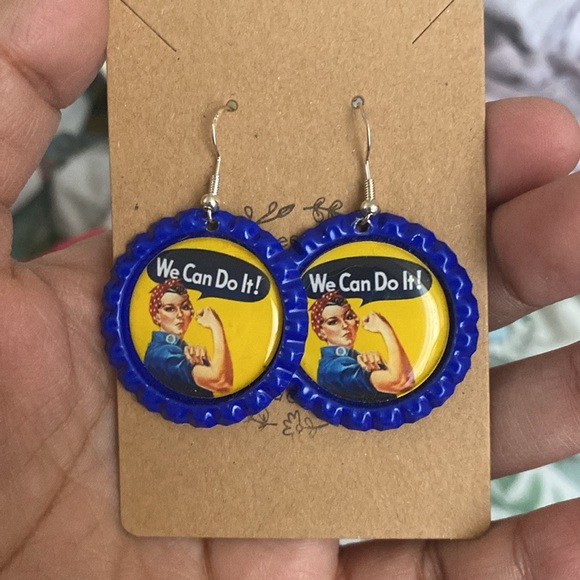Blue and Yellow 'We Can Do It!' Earrings. Rosie the riveter - Picture 1 of 5